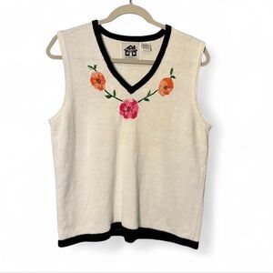 Storybook Knits L Black and White Sleeveless Knit Vest Embroidered Floral Design